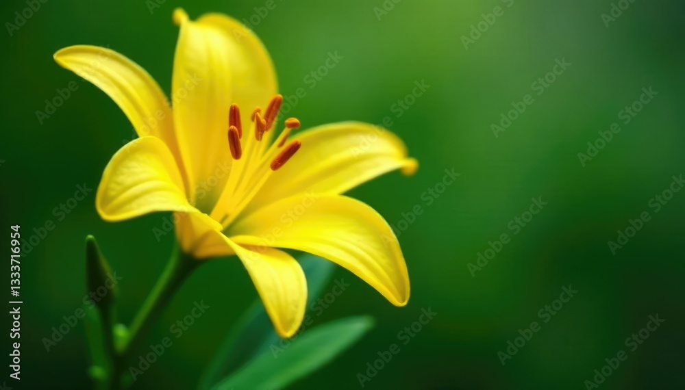 Fototapeta premium Yellow lily with delicate green stem and leaves, pollen, leaf, nature