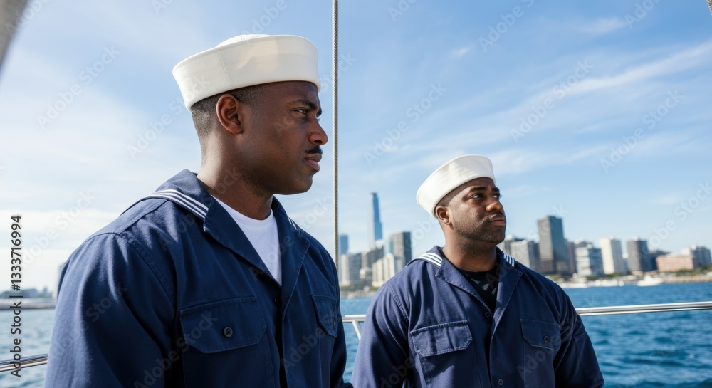 Two african adult males in navy uniforms sailing near urban skyline Two african adult males in navy uniforms sailing near urban skyline