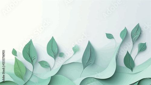 The image presents an abstract composition featuring stylized, light and pastel green paper leaves and flowing wave-like forms against a white background. The leaves are rendered in a paper-cut