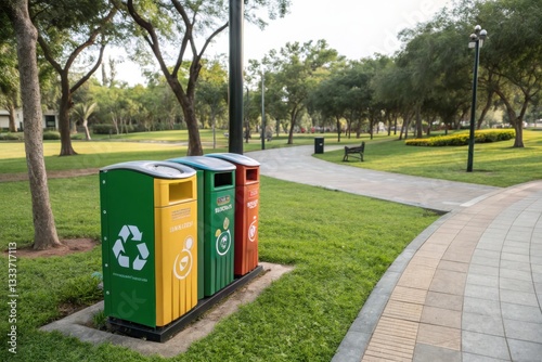 Three recycling bins in a park surrounded by green grass and trees, promoting eco-friendly waste management in a clean outdoor environment.