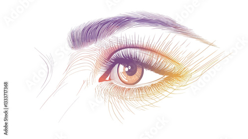 The image is a close-up illustration of a woman's eye, featuring detailed rendering of the eyelashes, eyebrow, and makeup. The style is artistic and delicate, with a soft color palette using pastel