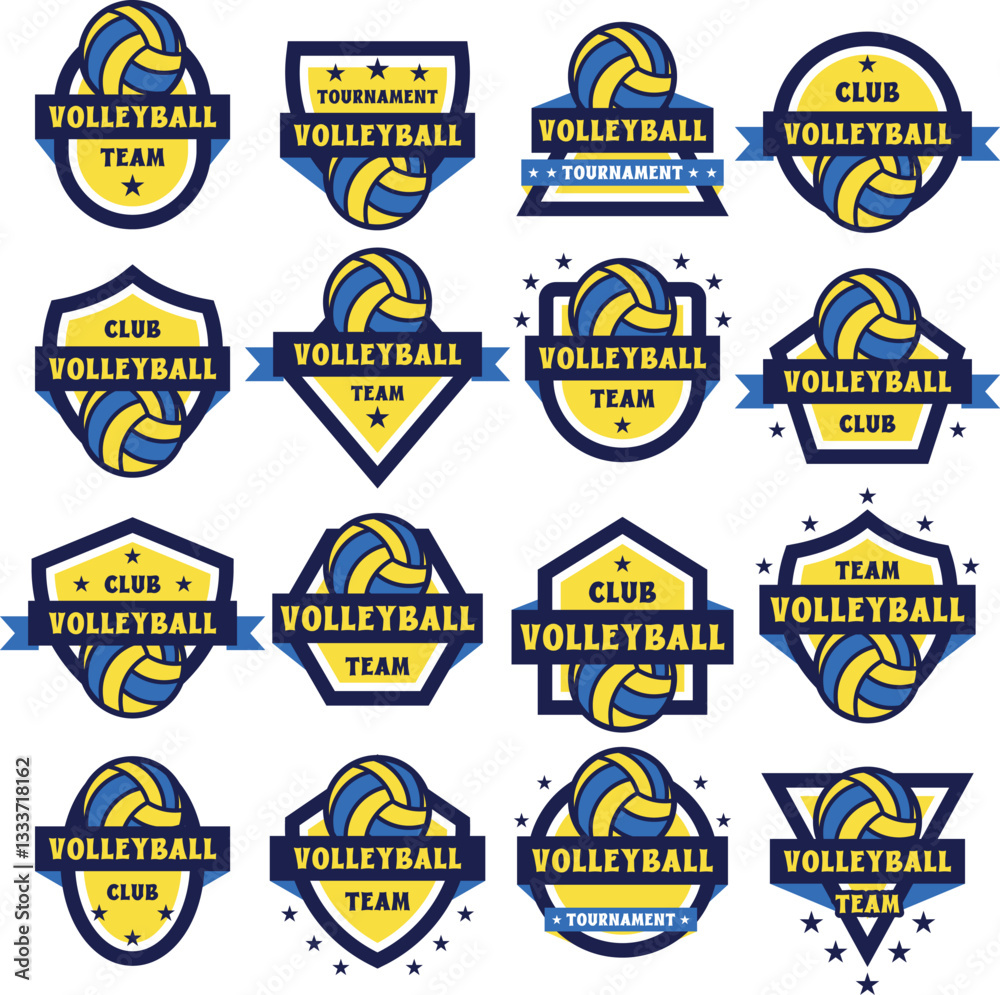 Obraz premium Volleyball badges illustration set. Includes of volleyball emblem, volleyball logo, sports badge, team badge, and More. Vector flat color collection
