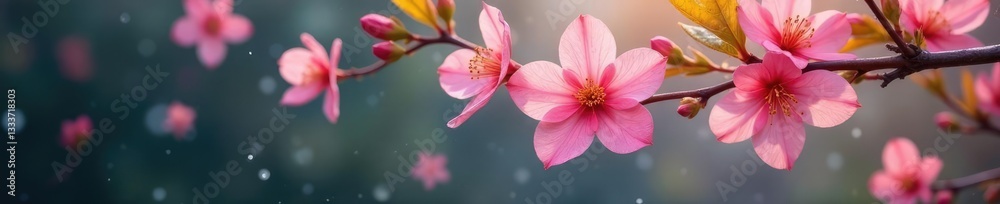 Fototapeta premium Soft pink petals falling from a branch in the rain, fresh flowers, flower fall, garden blooms