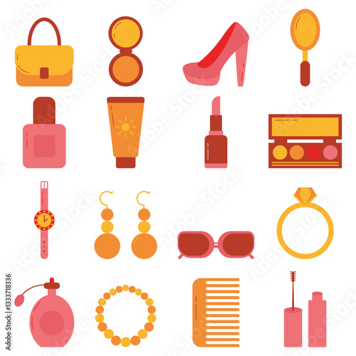 Women accessories illustration set. Includes of fashion accessories, jewelry, earrings, necklace, bracelet, rings, handbag, and More. Vector flat color collection