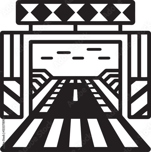 Illustration of a road ahead with caution barriers, minimalistic design, roadway safety representation