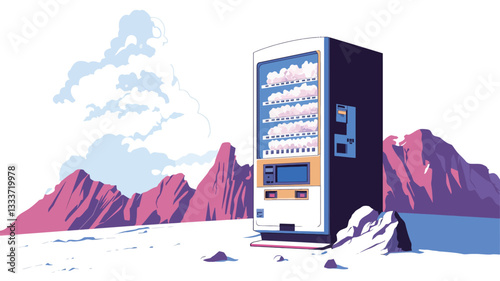 A digital illustration depicting a vending machine situated in a minimalist, stylized desert landscape. The machine is rendered in a simplified, geometric style with a predominantly white and dark