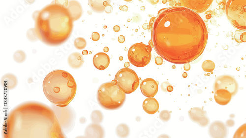 Close-up macro photograph of numerous translucent, orange-colored spheres or bubbles suspended against a pure white background. The bubbles vary in size and are depicted in sharp focus, showcasing