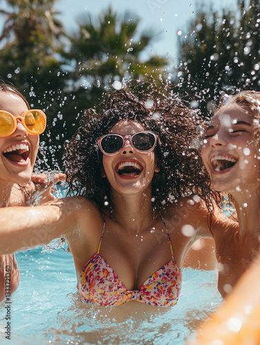 Teen girls having fun in the pool. Party. Summer vacation in the water park.