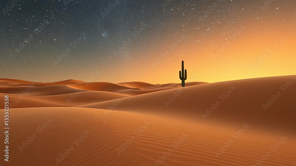 Serene Desert Landscape at Sunset with Cactus under Starry Sky Serene Desert Landscape at Sunset with Cactus under Starry Sky