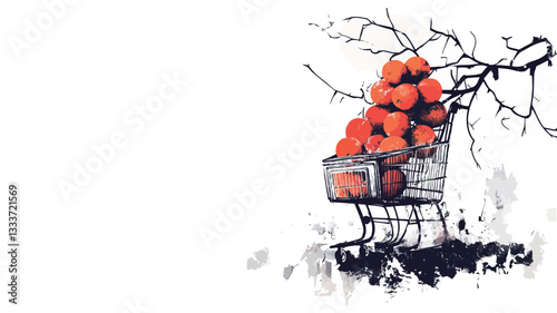 A digital painting or illustration depicts a shopping cart overflowing with bright orange oranges. The cart is situated under a bare, dark-colored tree branch reaching across the upper portion of