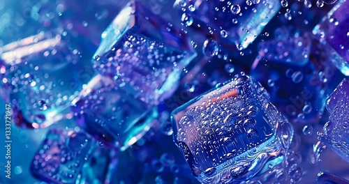 Colorful ice cubes glisten and bubble in dynamic water setting