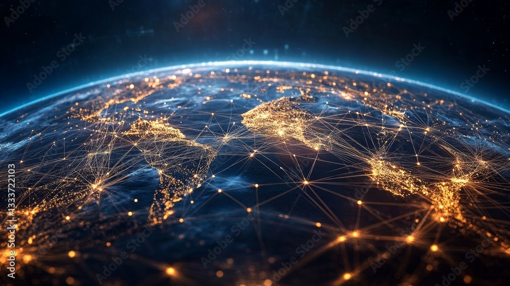 Obraz premium Global Network Tapestry Woven with Lines of Light Across Earth