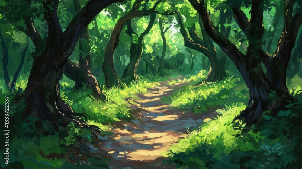 Naklejka premium Lush Green Forest Pathway Surrounded by Sunlit Trees and Foliage