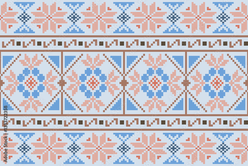 Colorful geometric embroidery traditional ethnic pixel art pattern for background.Aztec style.Design for texture,fabric,cloting,carpet,knitewar,curtains,wrapping,batik,scarf,vector,illustration