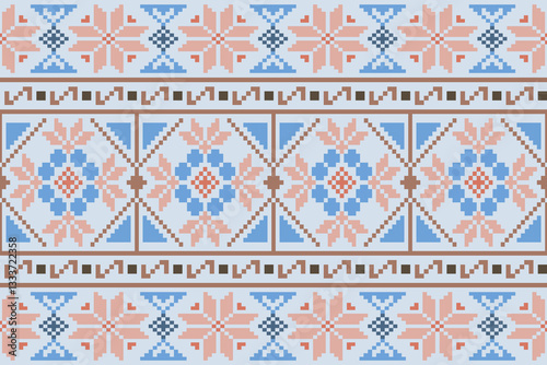 Obraz na płótnie Colorful geometric embroidery traditional ethnic pixel art pattern for background.Aztec style.Design for texture,fabric,cloting,carpet,knitewar,curtains,wrapping,batik,scarf,vector,illustration w salonie
