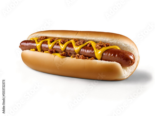 Delicious Hyperrealistic Hot Dog with Mustard and Chili Toppings on a Soft Bun