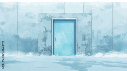 The image depicts a digitally rendered scene showing a light blue door set within a large, textured concrete wall.  The wall shows signs of weathering or damage. Snow or ice covers the ground in