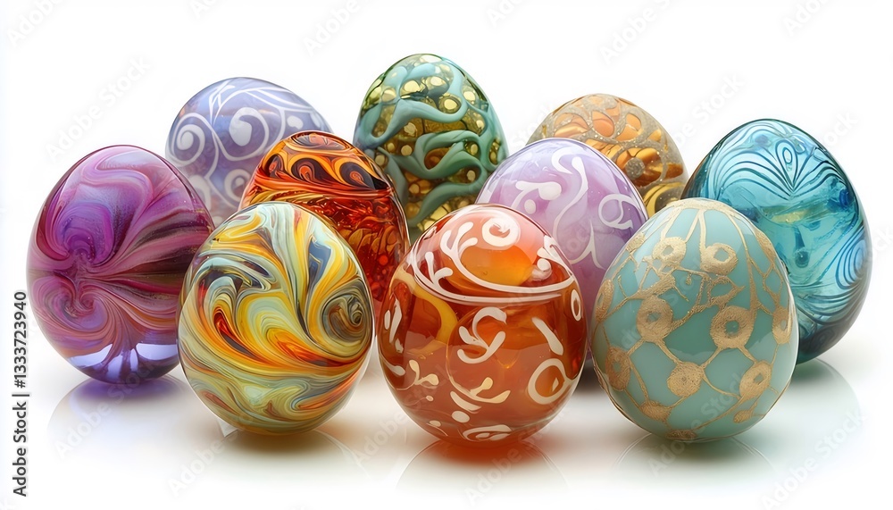 Colorful Glass Eggs with Swirled Patterns on White Background Colorful Glass Eggs with Swirled Patterns on White Background