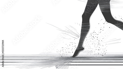 The image is a grayscale, abstract depiction of a running human figure.  Only the legs and feet are visible, captured in motion blur. The background is predominantly white with subtle textural