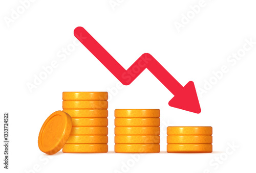 3D coin stack with an down arrow. Minimalist cartoon style vector icon.