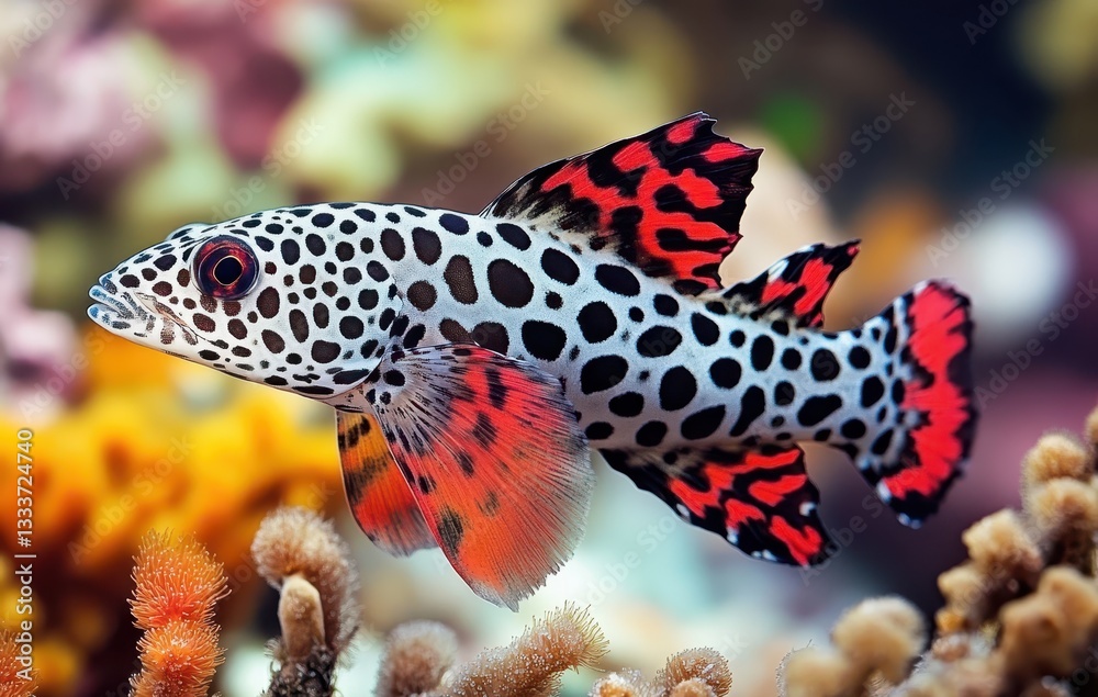 Fototapeta premium Colorful leopard fish swimming in vibrant coral reef with exotic marine life and stunning underwater scenery showcasing biodiversity