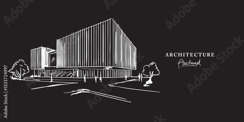 Modern Minimalist exterior design freehand drawing, Sketch Hand drawn Drawing design.