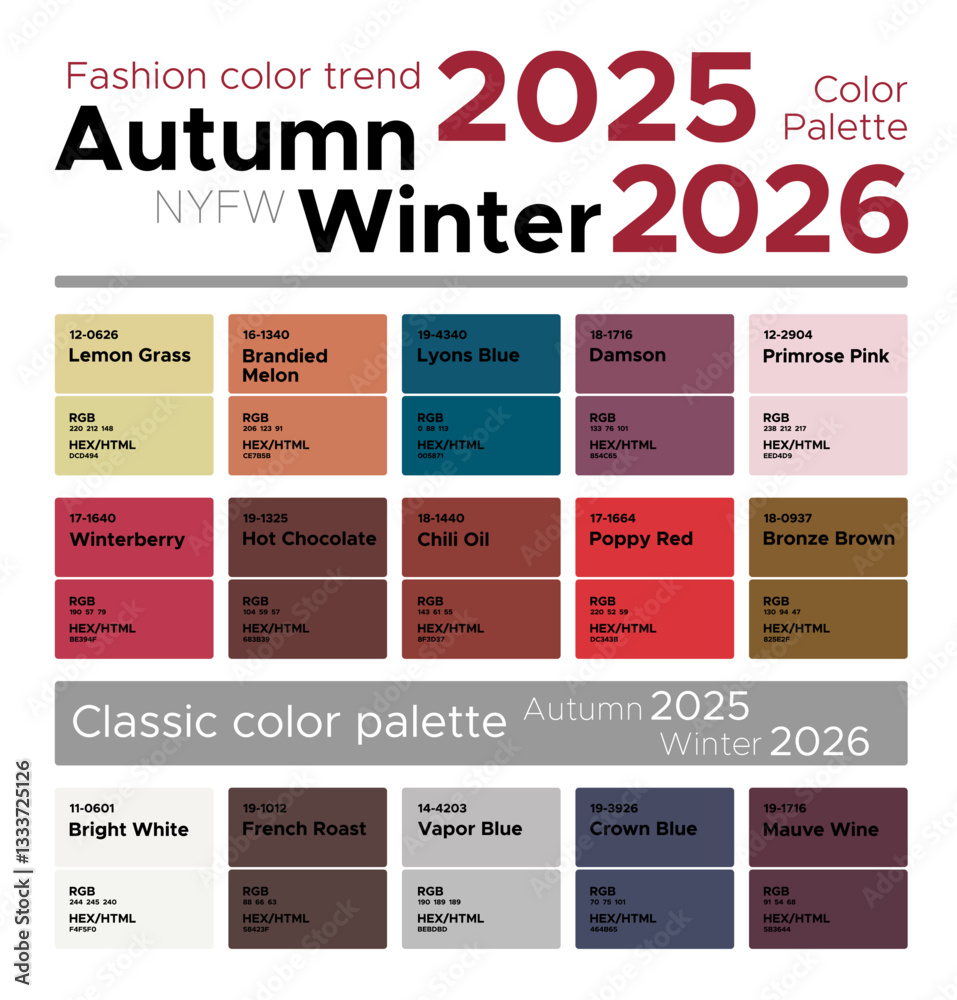 custom made wallpaper toronto digitalFashion color trends Autumn Winter 2025-2026. Palette fashion colors guide with named color swatches, RGB, HEX colors