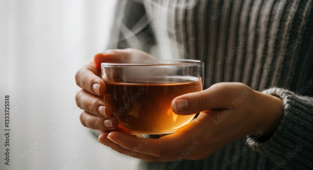 Close-up of a woman holding a warm cup of tea indoors Close-up of a woman holding a warm cup of tea indoors