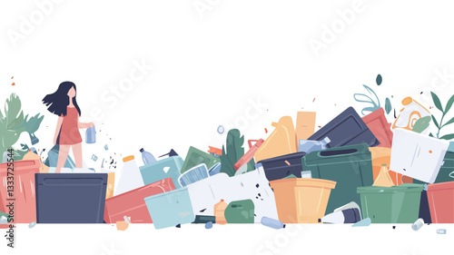A digital illustration in a flat design style depicts a woman standing on a raised surface to the left of a large, overflowing pile of various objects.  The style is vector-based with simplified