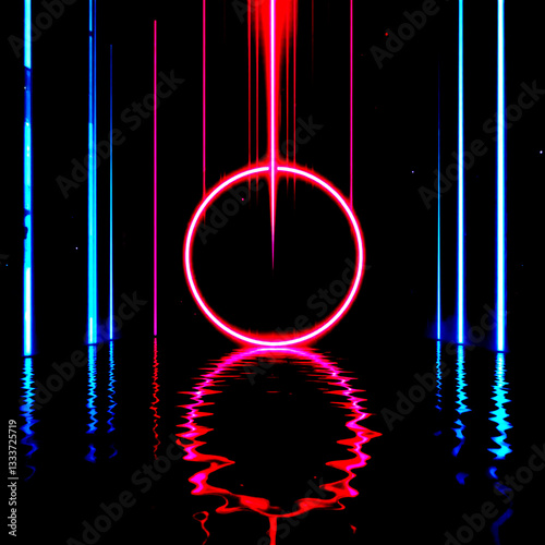 Abstract dark background with neon light beams, circle laser shape are reflected from water