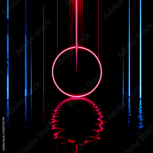 Abstract dark futuristic background with neon light beams, circle laser shape are reflected from water