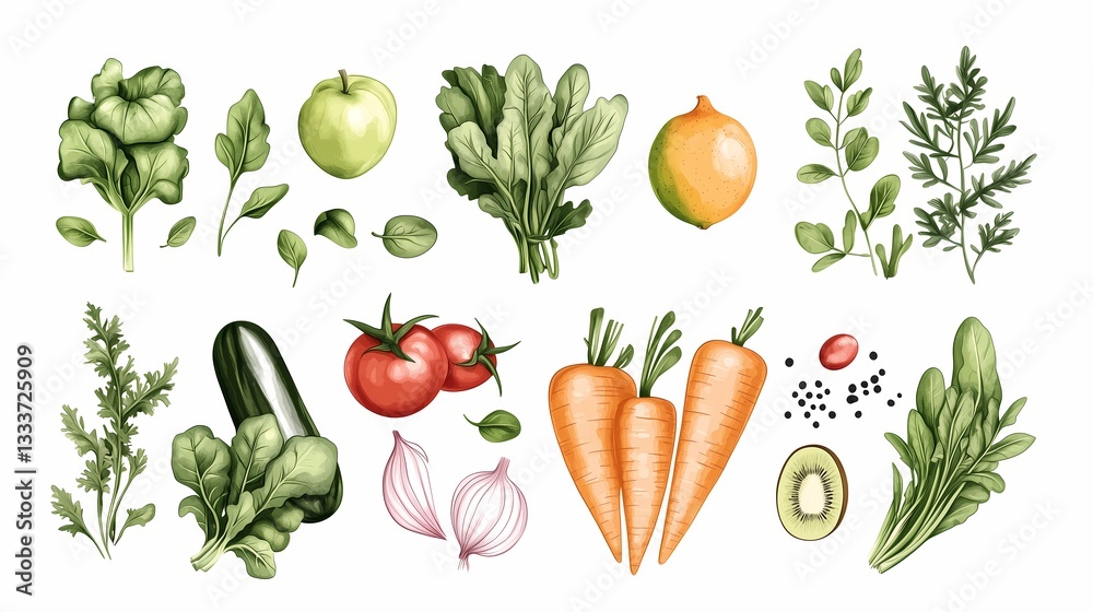 Fototapeta premium A set of fresh organic raw vegetables and herbs isolated on white