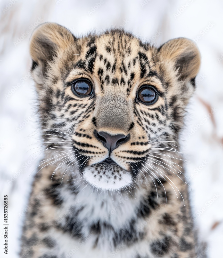 Cute Leopard Cub with Beautiful Fur and Distinctive Spots in Snowy Environment Captured in Close-Up Portrait Style Cute Leopard Cub with Beautiful Fur and Distinctive Spots in Snowy Environment Captured in Close-Up Portrait Style