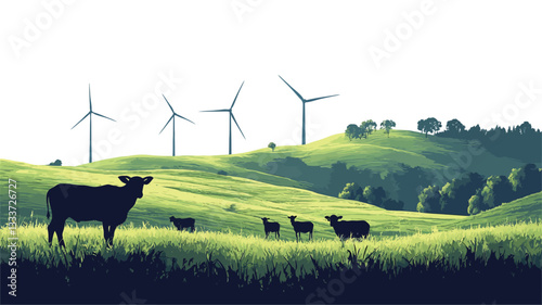 A digital painting depicting a pastoral landscape with a group of sheep grazing in a lush green field. Several wind turbines are visible in the background on a gently rolling hill. The style is