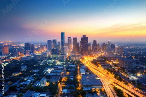 Wallpaper Mural A stunning skyline at sunset, showcasing a vibrant city with illuminated buildings and a flowing highway beneath a colorful sky. Torontodigital.ca