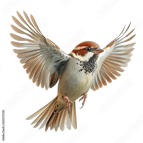 Dynamic image of a sparrow in mid-flight with wings fully spread isolated on white for wildlife lovers photo