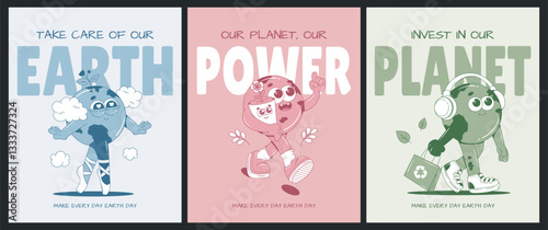 Earth day posters with groovy characters. Monochrome palette. Vector illustration.