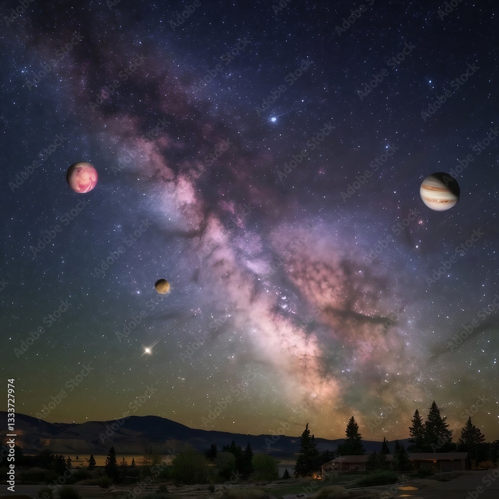 A photo of the Milky Way galaxy with a starry sky and a few visible planets, including Venus, Mars, Jupiter, and Saturn. There's a shooting star streaking across the sky. The landscape below has mount A photo of the Milky Way galaxy with a starry sky and a few visible planets, including Venus, Mars, Jupiter, and Saturn. There's a shooting star streaking across the sky. The landscape below has mount