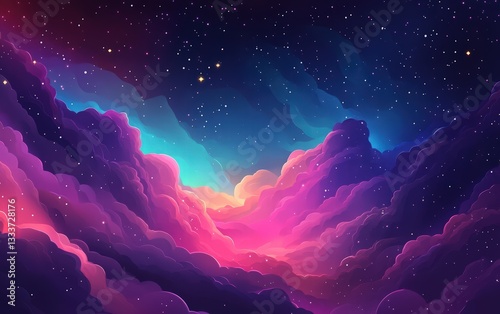 bright cosmic nebula with galaxies and stars, fantasy vector illustration in red, blue, purple, and pink tones, high quality, realistic details, abstract background