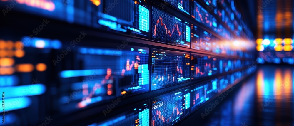 A futuristic data center with illuminated server racks showcasing vibrant blue and orange lights. A futuristic data center with illuminated server racks showcasing vibrant blue and orange lights.