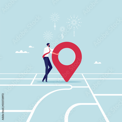 Business relocation concept, moving office to new location address or transfer to new workplace, businessman carry address pin on map
