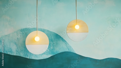 Elegant Teal and Gold Modern Pendant Lights Against Artistic Wall Mural Background