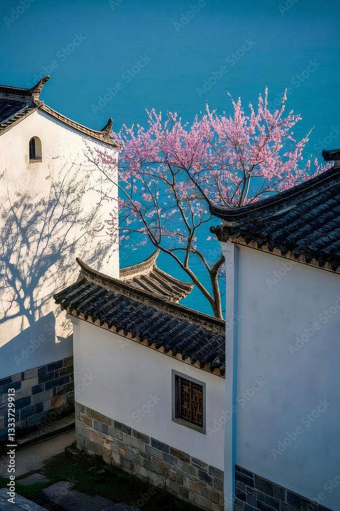Pink Blossom Tree Overlooking a Village Beside a Blue Lake Pink Blossom Tree Overlooking a Village Beside a Blue Lake
