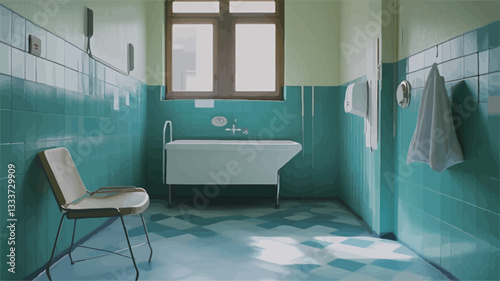 The image shows a vintage-style bathroom interior. The walls and floor are predominantly teal, with turquoise tiles covering the walls. A white clawfoot bathtub is centrally located, while a