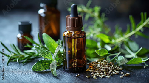 Realistic Mockup Herbal hair growth serum in amber glass bottle surrounded by fresh herbs