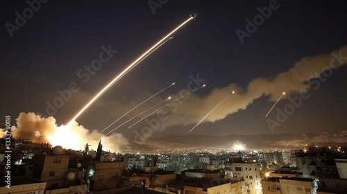 City under Aerial Bombardment - Night Sky Aglow with Missile Streaks
