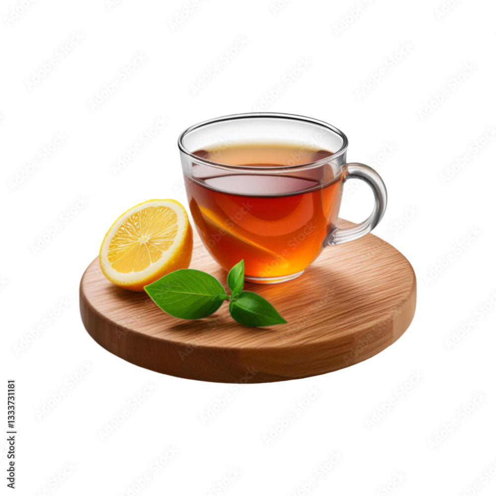 Wooden chopping board with lemon tea on transparent background Wooden chopping board with lemon tea on transparent background