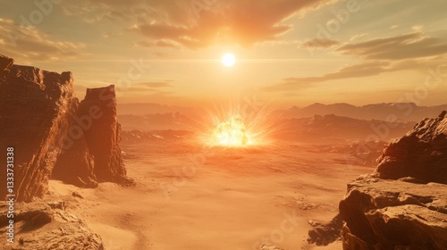 Apocalyptic Nuclear Explosion Devastating Barren Landscape with Massive Shockwave in Distance