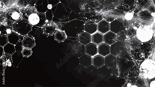 The image presents a close-up, high-contrast, black and white abstract view. The dominant feature is a repeating hexagonal pattern reminiscent of a honeycomb structure.  The hexagons are not
