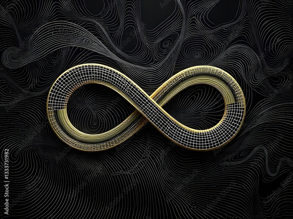 Fototapeta premium Abstract Infinity Symbol with Golden Texture and Black Wavy Lines Background.